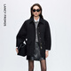 朗姿翻領(lǐng)短款簡(jiǎn)約通勤棉服復古工裝時(shí)尚夾克外套冬季新款 黑色 L