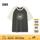 森馬（Semir）短袖T恤女中長款圓領套頭衫寬松夏季拼色插肩袖圖案衣服時尚 白灰色調00312 M