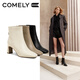 康莉（COMELY）瘦瘦靴短靴女冬季新款粗跟法式方頭高跟時(shí)裝靴 米白色/絨里 38