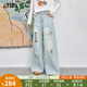 妖精的口袋淺色破洞刺繡闊腿牛仔褲女2025夏新款休閑高腰直筒褲子 牛仔淺藍色 S