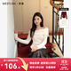 西遇毛衣女2025冬季新款法式甜美木耳邊立體花朵一字肩修身上衣 白色   M