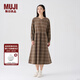 無(wú)印良品（MUJI）女式法蘭絨抽褶連衣裙女裝裙子長(cháng)袖秋冬季打底裙純棉BC08CC4A 淺米色格紋 M (160/84A)
