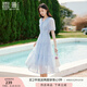 香影天藍(lán)色v領(lǐng)泡泡袖連衣裙女2025夏裝新款收腰絕美海邊碎花裙子 藍(lán)色 M 160/84A/95-110斤