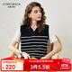 科蒙博卡2025春夏桑蠶絲新款條紋針織衫女翻領(lǐng)短袖假兩件t恤上衣 午夜黑 L