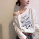 白色斜領露肩字母印花長袖T恤女2025早秋季新款寬松外穿打底上衣 白色 M