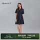 GANT/甘特女士翻領(lǐng)中長裙簡約復古襯衫裙字母印花收腰系帶連衣裙 433夜藍色 M (36)
