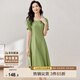尚都比拉短袖連衣裙女夏季時尚通勤中長款a字裙釘珠收腰顯瘦裙子 綠色 XL