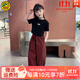 G.DUCKKIDS女童套裝夏季2025新款兒童純棉短袖褲子中大童女孩洋氣兩件套衣服 黑T恤+酒紅褲【黑色】 140 適合130-140cm年齡9-10歲