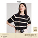 旅途原品（ltyp）條紋t恤女真絲短袖亞麻棉時髦百搭針織秋季圓領(lǐng)休閑上衣 杏黑色-經(jīng)典條紋-真絲亞麻棉 L -XL