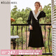 Olrain歐芮兒赫本風(fēng)連衣裙女秋冬收腰顯瘦法式復(fù)古拼色翻領(lǐng)長裙 黑色 L 165/88A