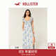 HOLLISTER25秋款法式一字肩露肩小飛袖連衣裙女裝359-5298 藍色碎花 XS (84A)短版