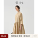 EIN言文藝古著感立領休閑棉麻碎褶直筒八分袖連衣裙秋新款 淺杏 S