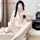 古今（GUJIN）海島絨睡衣女秋冬款豹紋蕾絲花邊長(cháng)袖外穿薄絨開(kāi)衫保暖家居服套裝