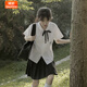 婍妡（Qeeshine）校服套裝附中學(xué)生jk制服短袖白襯衫風(fēng)琴褶高中學(xué)院風(fēng)畢業(yè)班服 囍附中-女短袖+黑短裙+黑領(lǐng) XS