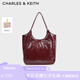CHARLES&KEITH柔軟褶皺大容量單肩托特包包女包生日禮物七夕禮物CK2-30782457 Burgundy葡萄酒紅色 大包