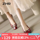 ZHR單鞋女真牛皮復(fù)古軟底女鞋百搭粗跟方頭鞋子女 AH316 酒紅色 36 