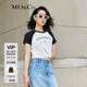 MO&Co.美式復古丘比特印花撞色插肩袖圓領(lǐng)短袖微修身棉T恤上衣上裝 黑色-第2批 M 165
