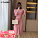 她芙（tafu）品牌女裝小香風(fēng)連衣裙女2025春秋新款收腰過(guò)膝V領(lǐng)針織毛衣打底裙 粉紅色 M