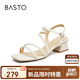 百思圖24夏同款復(fù)古休閑條帶羅馬粗跟女涼鞋TNE32BL4 米白 35