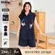 MsShe【原創(chuàng)刺繡襯衫套裝】大碼女裝2025款秋裝胖mm上衣闊腿短褲 藏青藍(lán)色現(xiàn)貨 2XL