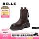 百麗（Belle）七夕禮物復古質(zhì)感彈力靴女冬新商場款粗跟增高顯瘦短靴E5E1DDZ5 咖啡色 37