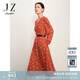 玖姿·安娜蔻V領(lǐng)長(cháng)袖復古抽褶雪紡柿子花印花連衣裙女款 花桔紅 M