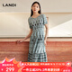 藍地（LANDI）波西米亞風(fēng)印花復古連衣裙女短袖收腰中長(cháng)裙夏新品 葉綠色 M