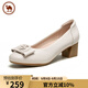 駱駝牌 女鞋牛皮單跟瑪麗珍鞋高跟休閑厚底粗根皮鞋 P24A155633 米白 35