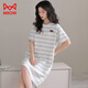 貓人（MiiOW）100%純棉睡裙女夏季薄款短袖中長(cháng)款條紋大碼睡衣家居服 Y1513條紋 M ( 建議80-100斤)