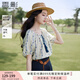 香影波西米亞度假風藍色碎花襯衫女夏2025新款含亞麻圓領上衣小衫 航線藍 襯衫 S 155/80A/85-95斤