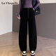 拉夏貝爾香蕉褲女秋冬2025新款寬松加絨加厚運動(dòng)彎刀褲 黑色 XL