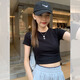 拉夏貝爾正肩t恤短袖女美式修身顯瘦內搭短款辣妹露臍上衣 黑色 M