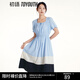 初語(yǔ)復(fù)古方領(lǐng)褶皺收腰連衣裙女2023年夏季新款拼色顯瘦裙子中長(zhǎng)裙 淺藍(lán)格 XL