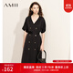 AMII女裝2025夏季極簡(jiǎn)輕奢緞面V領(lǐng)雙排扣微彈中長(zhǎng)配腰帶連衣 黑色 XL 170/92A