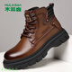 木林森男靴秋冬季男士英倫復古馬丁靴厚底增高工裝短靴耐磨高幫皮靴棉靴 棕色四季款 39
