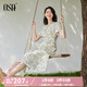 歐莎（OSA）清新V領(lǐng)碎花短袖連衣裙女夏季2025年新款輕薄收腰顯瘦裙子 杏底印花 M