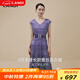 藍地（LANDI）[莫奈花園系列]LANDI紫色V領束腰長款無袖蕾絲連衣裙女2025夏新品 紫羅蘭 L