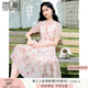 香影v領(lǐng)印花連衣裙女2025夏季新款絕美暈染木耳領(lǐng)泡泡袖雪紡裙子 粉紅 M