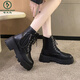 啄木鳥(niǎo)白色馬丁靴女2025新款雙拉鏈機車(chē)靴子秋冬單款英倫風(fēng)厚底增高短靴 黑色 37
