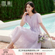 香影薰衣草紫印花連衣裙女2025夏裝新款收腰系帶溫柔風(fēng)泡泡袖裙子 淺紫 M 160/84A/95-110斤