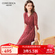 科蒙博卡2024春夏真絲新款職場(chǎng)輕熟風(fēng)連衣裙女黑色印花桑蠶絲裙子 紅色 L