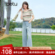 百圖betu女裝2025夏季新款毛針織衫時(shí)尚條紋間色鏤空短袖上衣2503T07 綠條紋 L