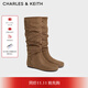 CHARLES&KEITH25冬新品圓頭平底褶皺西部長(cháng)靴堆堆靴CK1-90380177 Brown棕色 35 （225）