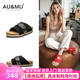 AU&MU2025夏季新款軟木厚底勃肯鞋增高外穿女鞋復(fù)古牛皮涼拖鞋男大碼 黑色【真皮】【軟木升級(jí)款】 2061 35