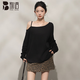 別語(yǔ)寬松顯瘦罩衫長(cháng)袖t恤女新款氣質(zhì)慵懶露肩不規則斜肩上衣 黑色 S