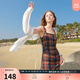 三彩獨醒2025秋款網(wǎng)紗印花吊帶裙方領(lǐng)收腰A字連衣裙F 酒紅格紋 XL 170/92A