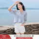 香影【王楚然明星同款】白色娃娃衫上衣女夏含亞麻小衫淡人薄v領(lǐng)襯衫 藍(lán)色 M 160/84A/95-110斤