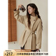 謎秀中長(cháng)款風(fēng)衣女2025秋復古皮質(zhì)扣立翻領(lǐng)本布腰帶外套 卡其色  風(fēng)衣 S