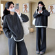 南叮雅格孕婦裝秋冬套裝新款韓版慵懶風(fēng)針織連帽毛衣休閑闊腿褲加厚兩件套 灰色套裝 2XL