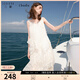 三彩2025夏季新款V領(lǐng)無(wú)袖吊帶裙蕾絲花邊連衣裙寬松女 米白色 M 160/84A